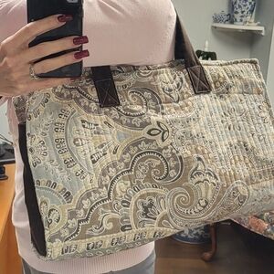 Handmade Quilted Paisley Tote Bag - Cream and Brown